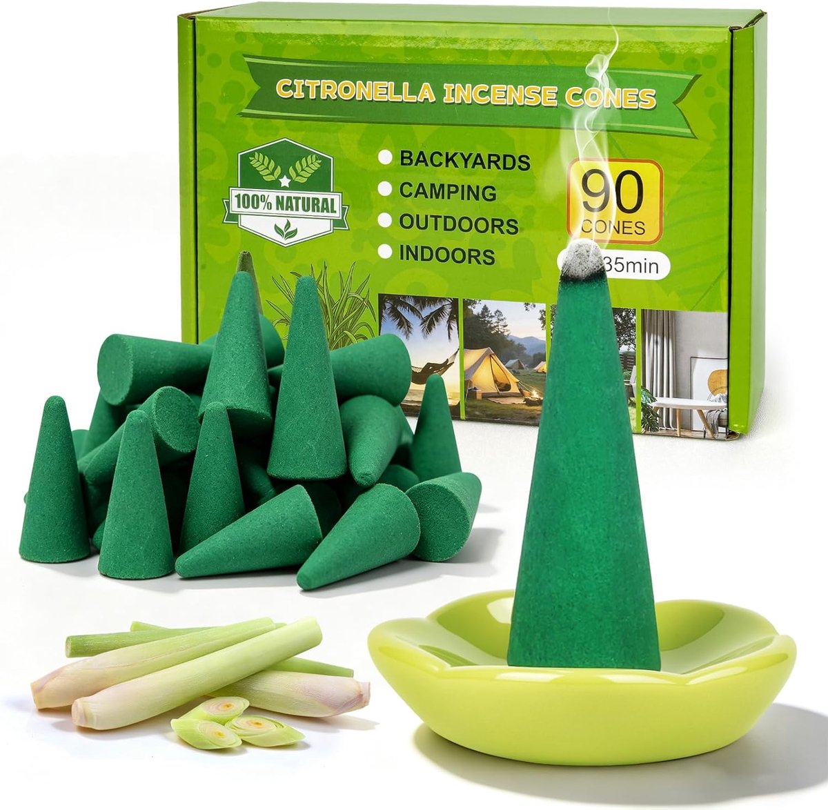 SnelShoppen - Citronella Wierook Cones 90 Stuks met 2 Houders, Natuurlijk Citronella Etherische Olie, Langdurige Brandtijd voor Tuin, Terras, Balkon,