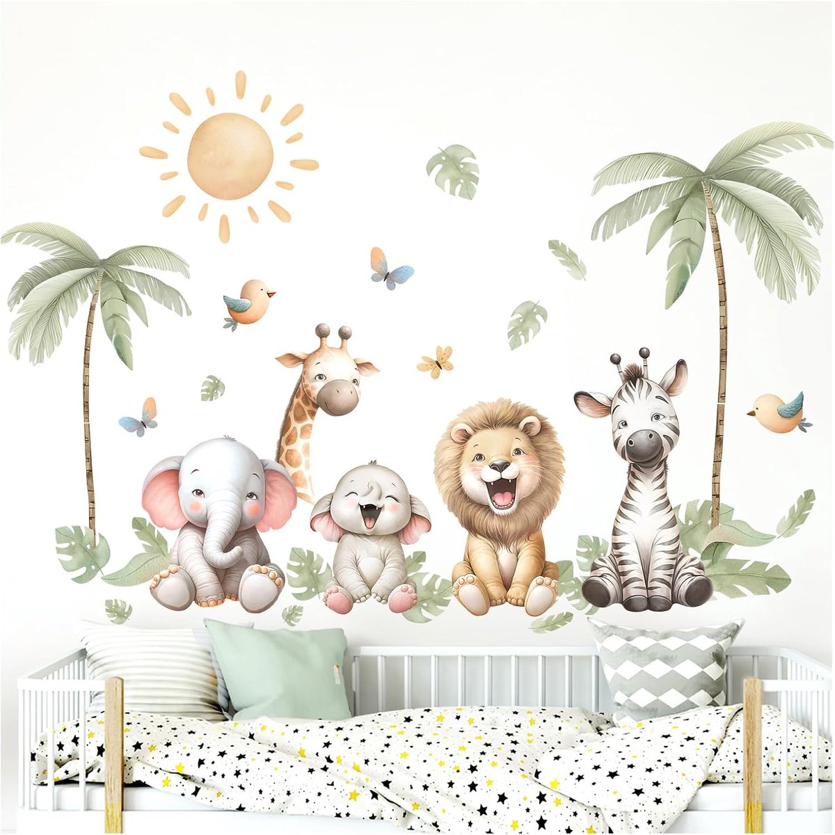 SnelShoppen - Wandsticker Dieren Jungle Safari voor Kinderkamer - Leeuw, Olifant, Zebra - Zelfklevend Wanddecoratie voor Baby- en Kinderkamer - 131x87