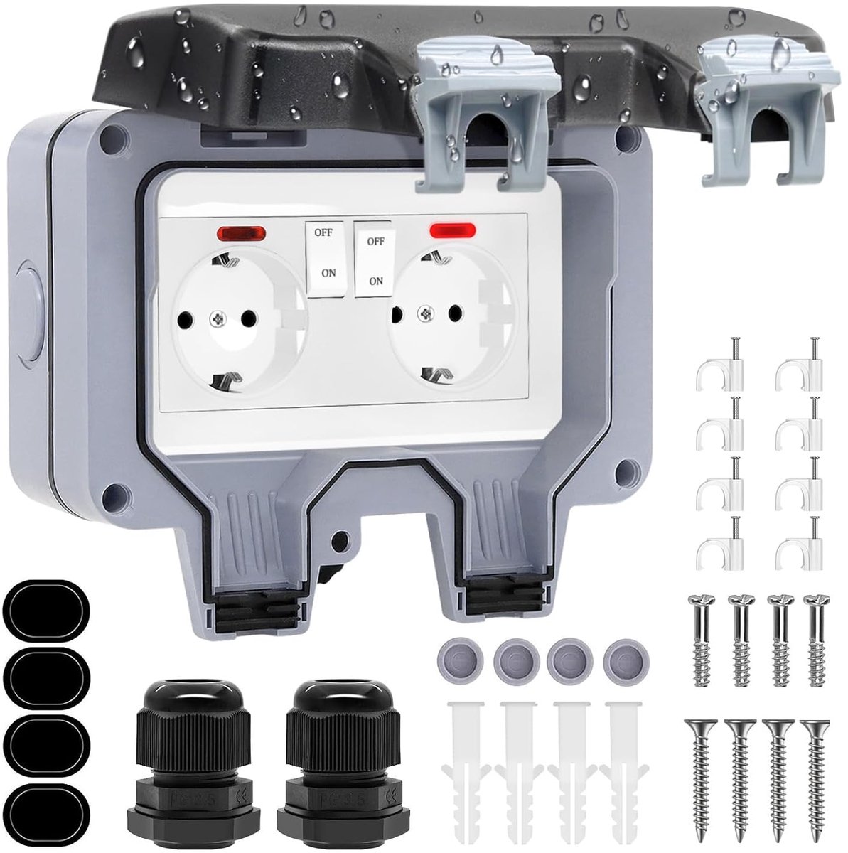 SnelShoppen - Waterproof Outdoor Socket IP66 - Weerbestendig & Stofdicht - 2 Weg Wandcontactdozen met Schakelindicator voor Tuin, Keuken, Badkamer, Zw