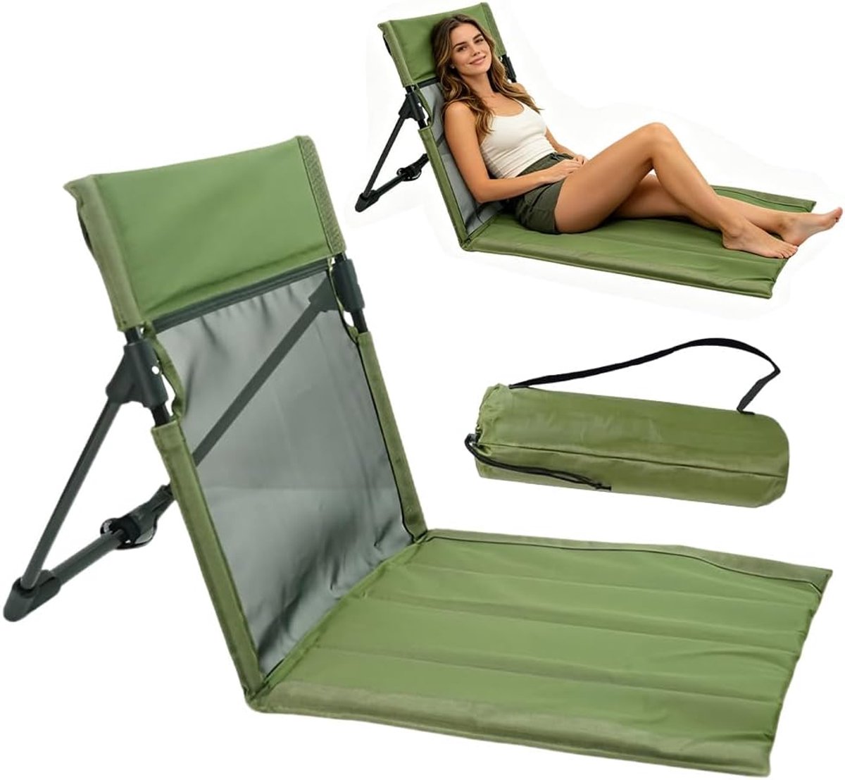 SnelShoppen - Strandmat met Rugleuning, Inklapbare Vloerstoel voor Kamperen, Picknick, Vissen, Lichtgewicht en Draagbaar, Groen, Ideaal voor Strand en