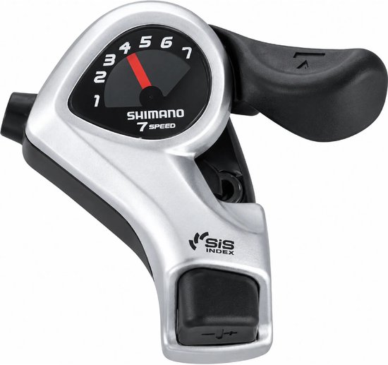Shimano 7 Speed SIS Index shifters met zilveren behuizing en zwarte hendel. Versnellingsindicator met rode wijzer.