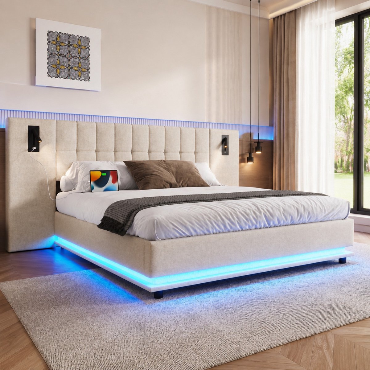 WUVRIE Gestoffeerd bed 180x200 cm met LED-verlichting, leeslamp en USB-aansluiting, beige