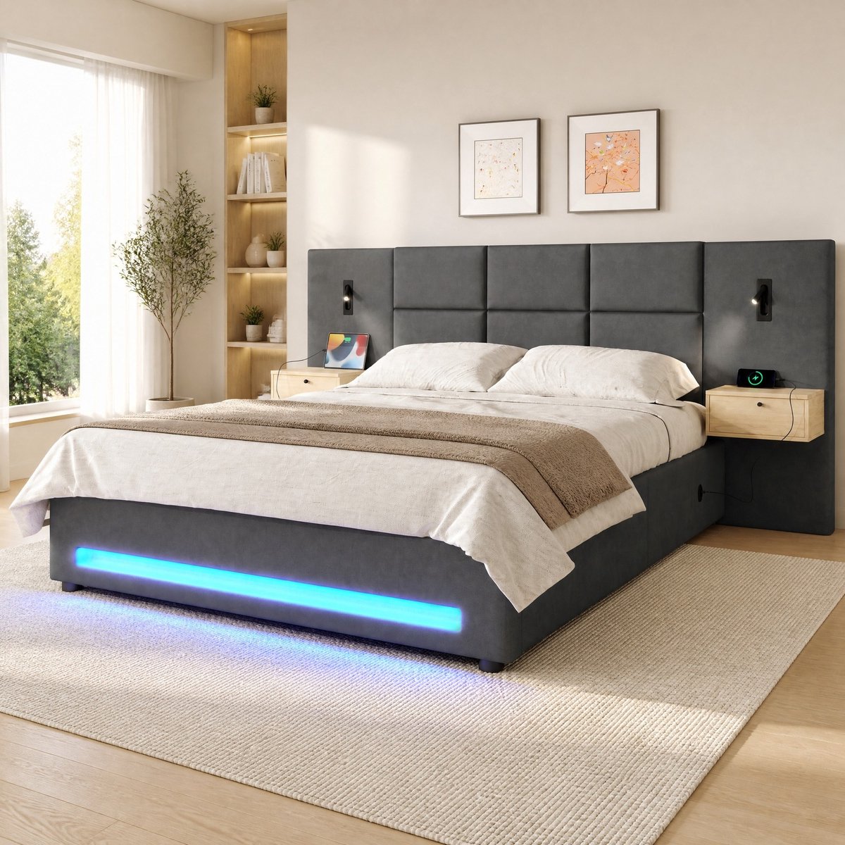 WUVRIE Bedframe 180x200 cm met hydraulische opbergruimte, LED, USB-C en velours hoofdbord, donkergrijs
