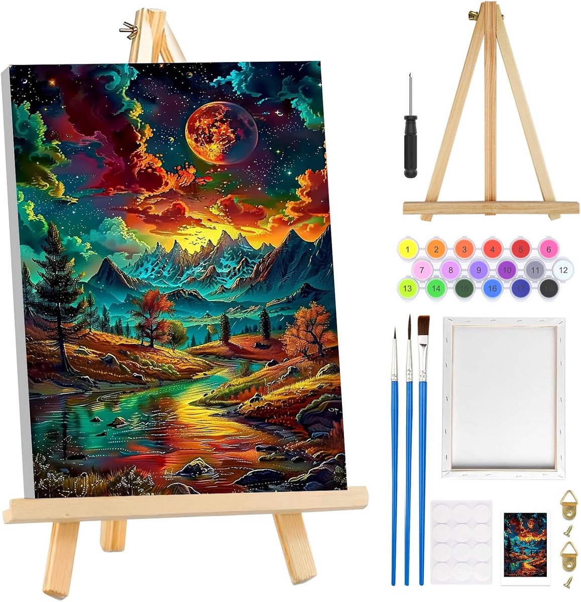 SnelShoppen - Schilderen op Nummer Set voor Volwassenen - Sterrennacht Landschap met Frame en Easel - DIY Acryl Verf Kit - Creatieve Hobby voor Thuis