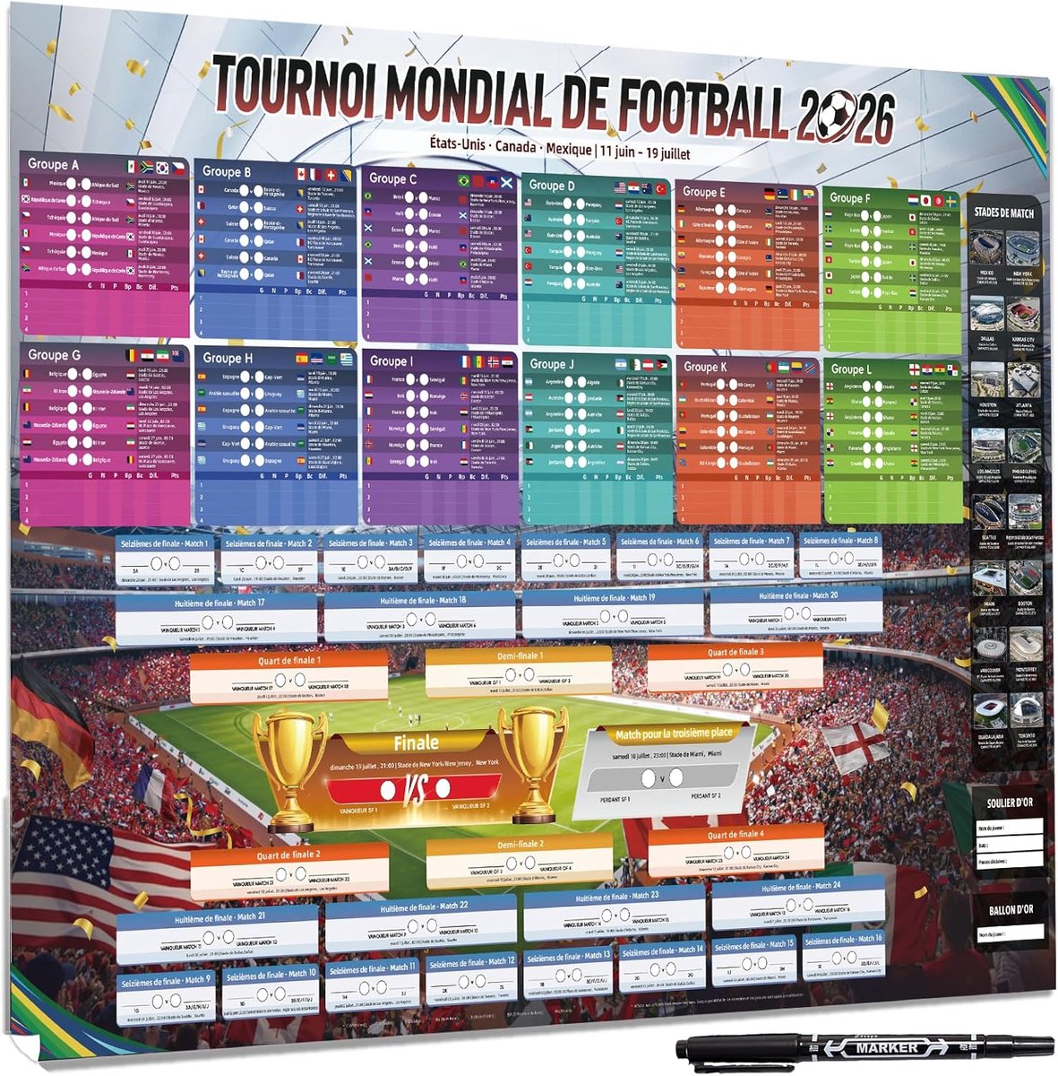 SnelShoppen - Wereldkampioenschap Voetbal 2026 Poster 100x70 cm - Voetbaldecoratie met 48 Landen, Groepsfase en Finale Resultaten - Ideaal voor Thuis,