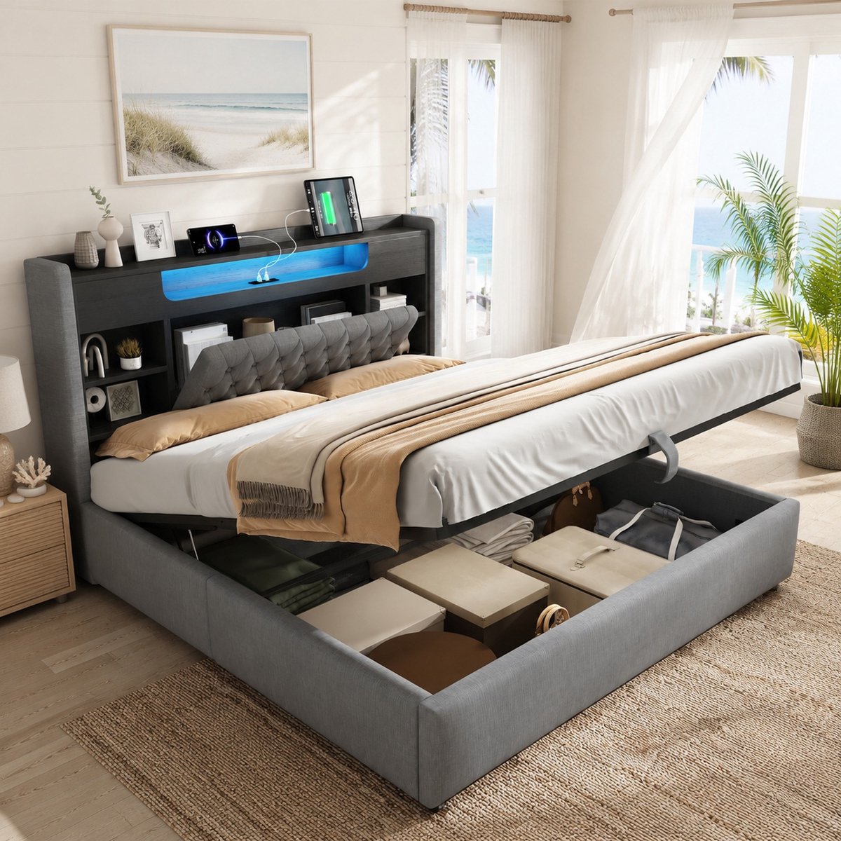 WUVRIE Bedframe 180x200 cm met hydraulische opbergruimte, LED, USB-C en lattenbodem, grijs