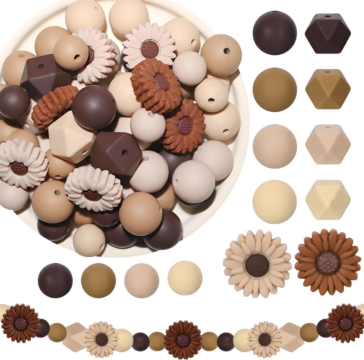 SnelShoppen - 100pcs Silicone Beads Set - Bruine Siliconen Kralen voor Armbanden en Creatief Knutselen - Lichtgewicht en Draagbaar - Ideaal voor DIY P