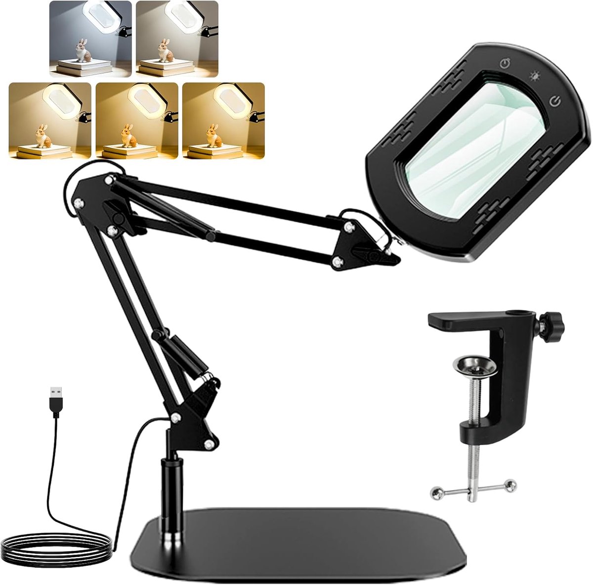 SnelShoppen - 10X Vergrootglas met Licht en Standaard, 28x28 cm Stevige Basis, Dimbare LED Bureaulamp met Klem, Handsfree Loep voor Lezen, Knutselen,