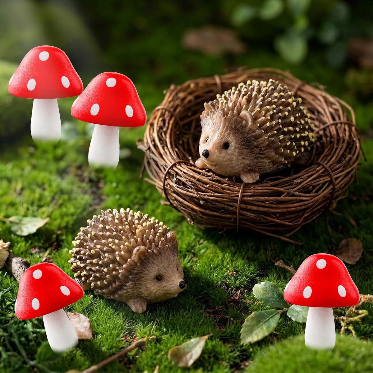 Harsdecoratie, 2 egels en 4 paddenstoelen, mini-tuindecoratie, mini-paddenstoeldecoratie, dieren hars, ornamenten, voor miniatuurlandschappen, plantenpotten en thuis, doe-het-zelf