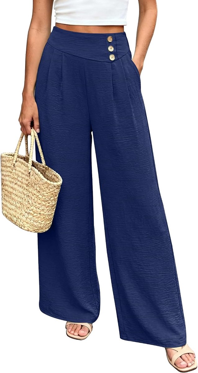 Palazzobroek voor dames, hoge taille, plooien, stoffen broek, wijde