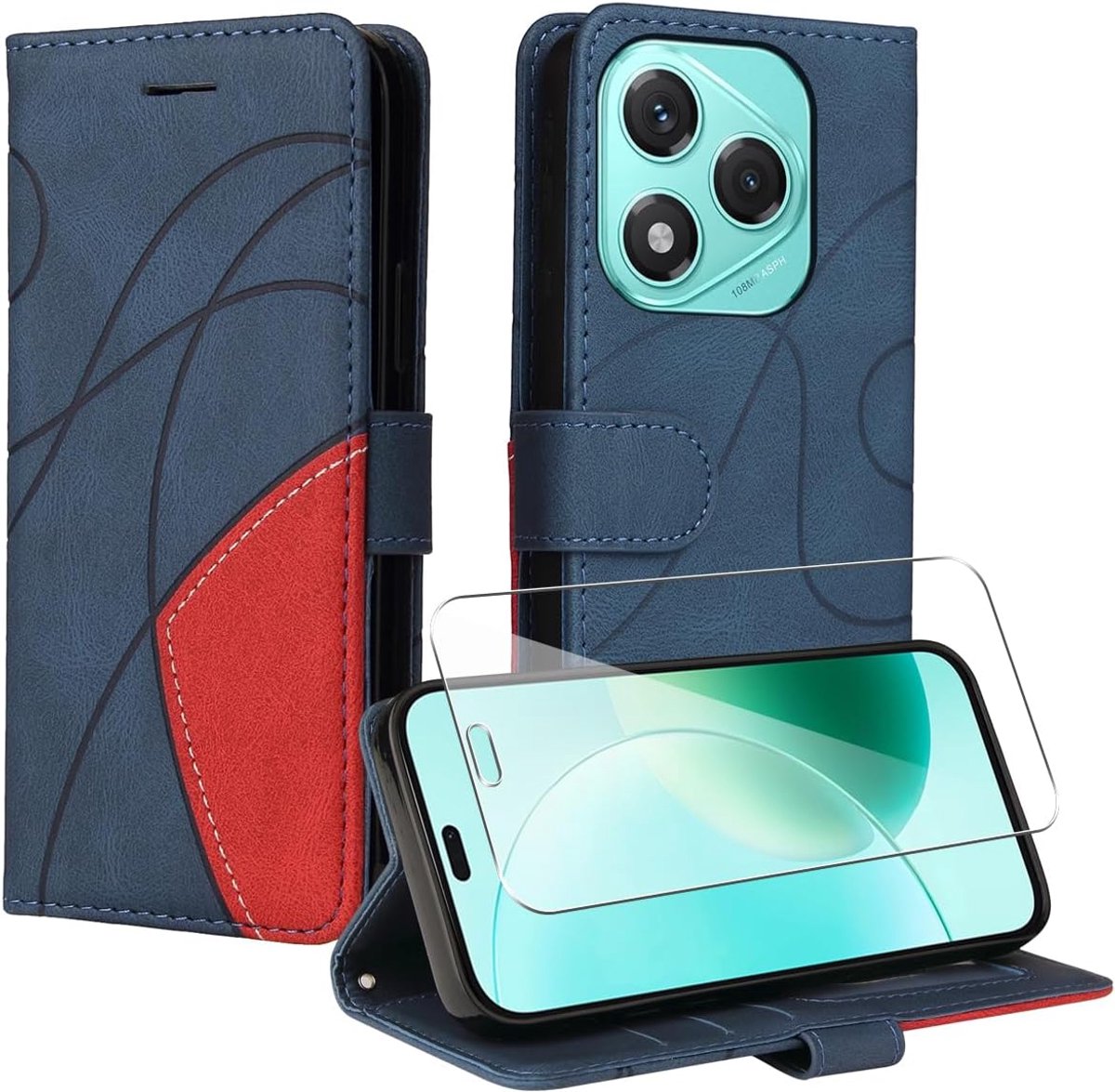 Beschermhoes voor Honor 400 Lite 5G (6,7 inch), PU-lederen portemonnee, flip-beschermhoes met 1 stuks displaybeschermfolie van gehard glas, blauw