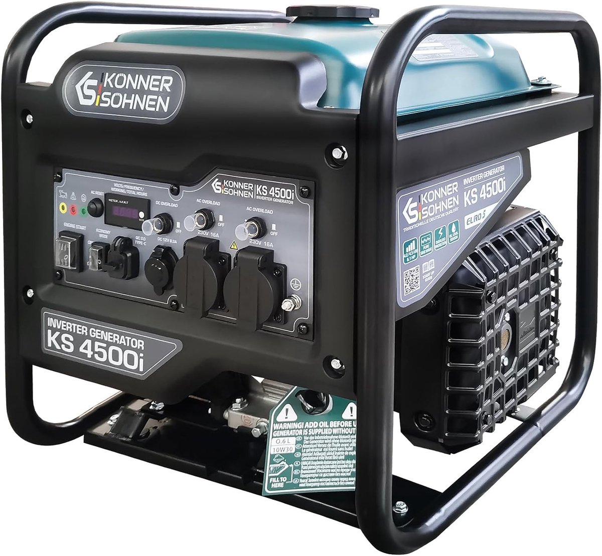 Industrohome IH 4500i Inverter Benzine Generator, Max. Vermogen 4500 W, USB QC 3.0, Type-C, Eco Modus, LED Display, 4-Takt, 12 V, 2 x 230 V Stopcontacten