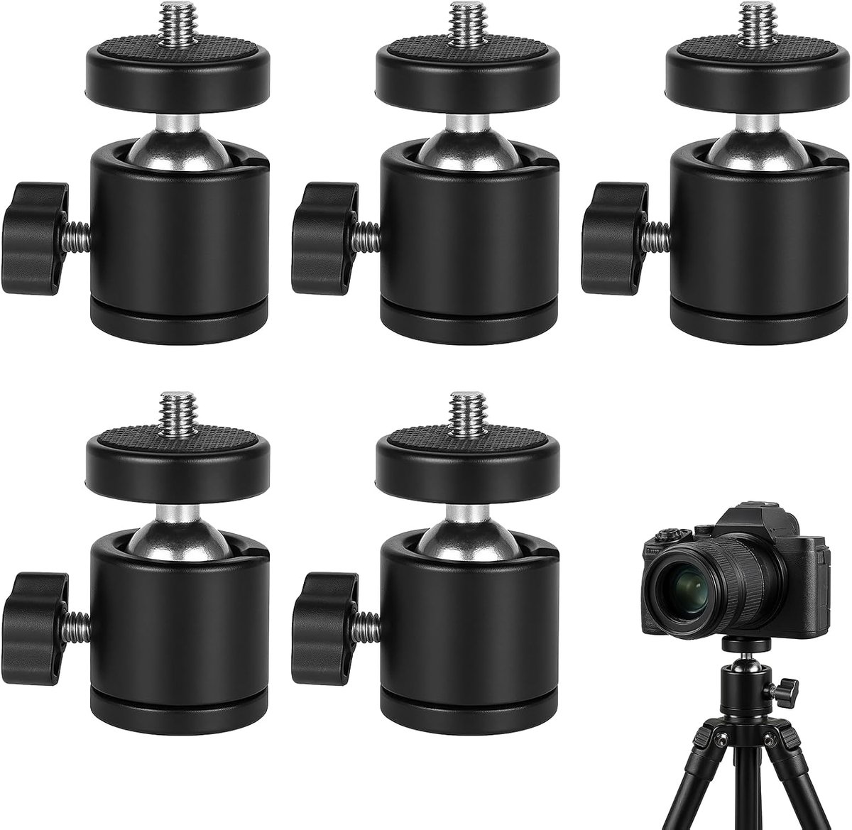 5 stuks kogelkoppen voor camera's met 1/4" schroefdraadaansluiting, 360° draaibare kogelkop, metalen kogelkop, geschikt voor camcorders, lampstatieven, monopods en driepoten.