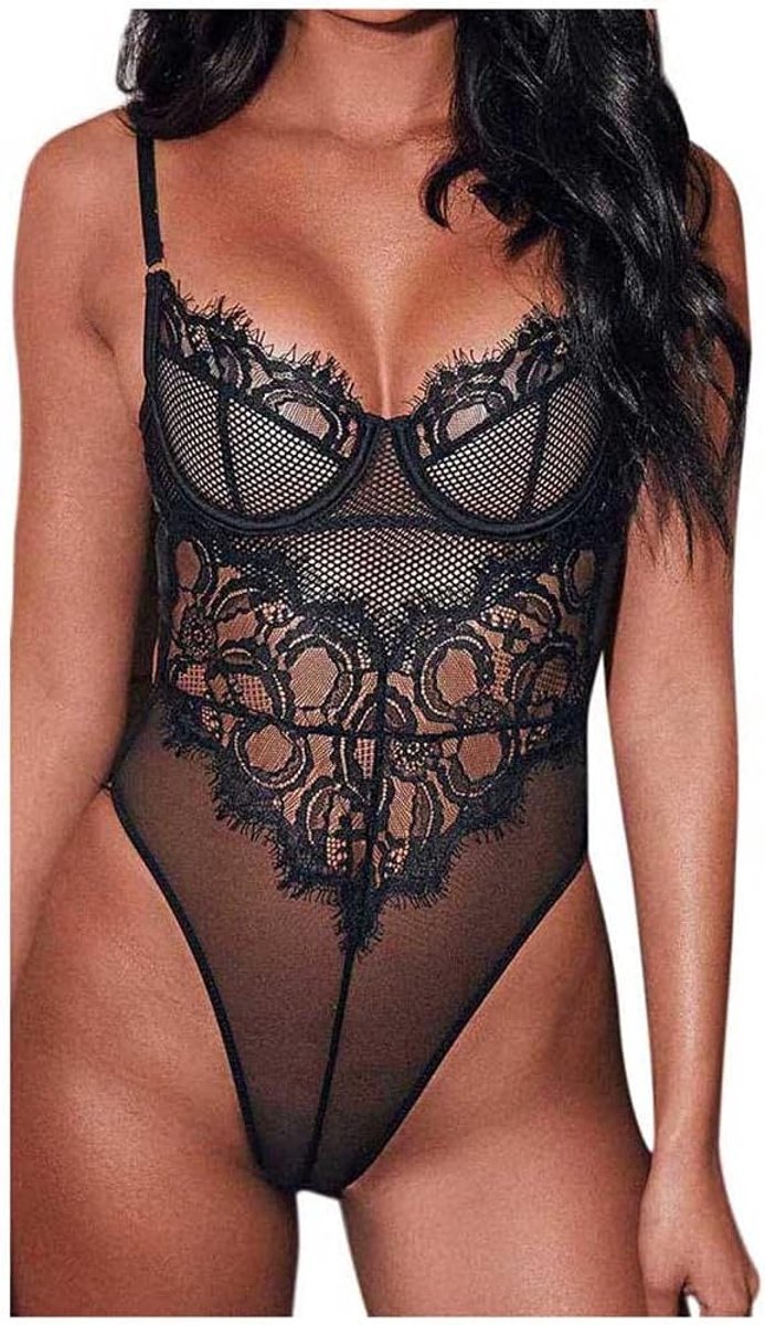 Babydolls, nachtjaponnen & negligés dames Lace Lingerie See Through Sexy Lingerie Vrouwen Dunne Nachtkleding Body set
