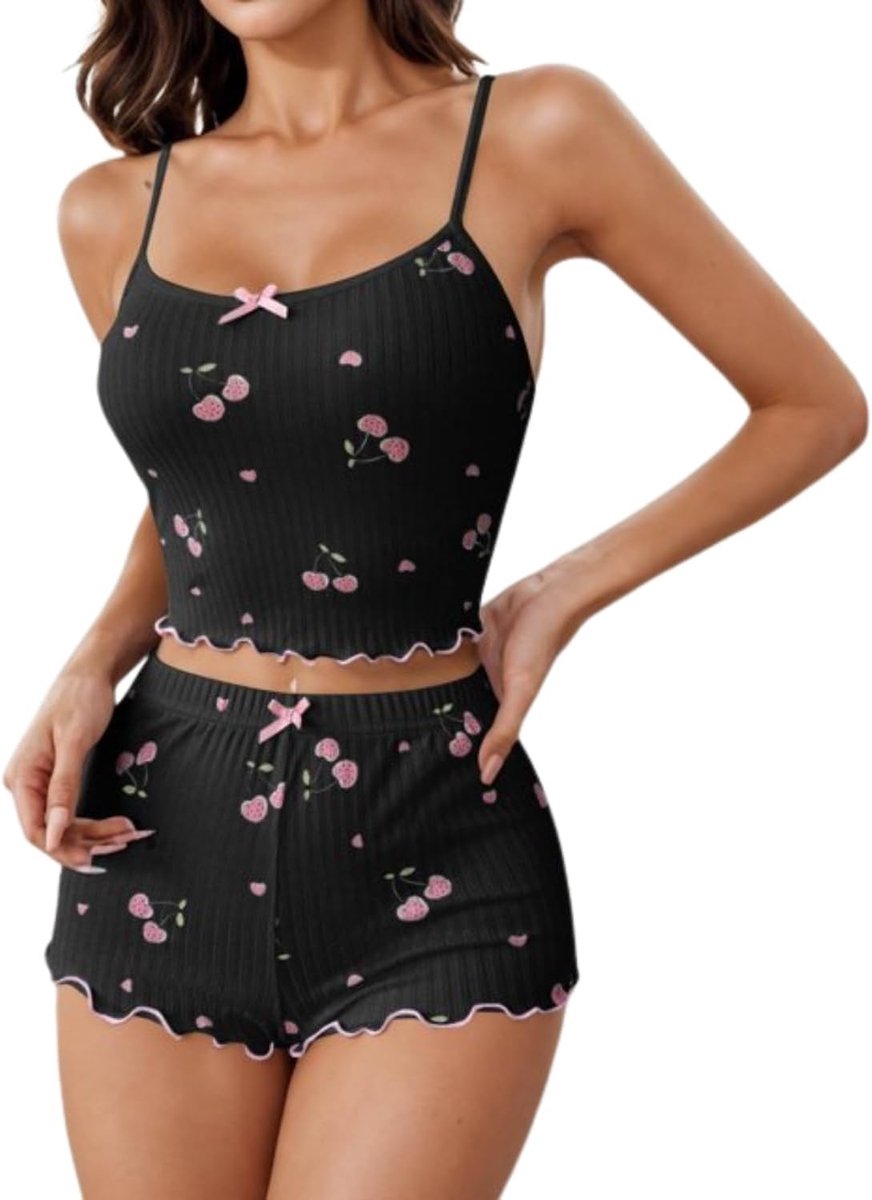 Pyjama voor dames, kort, tweedelige pyjamaset, hartjesprint, cami top en shorts, mouwloos, nachtkleding, sexy loungewear