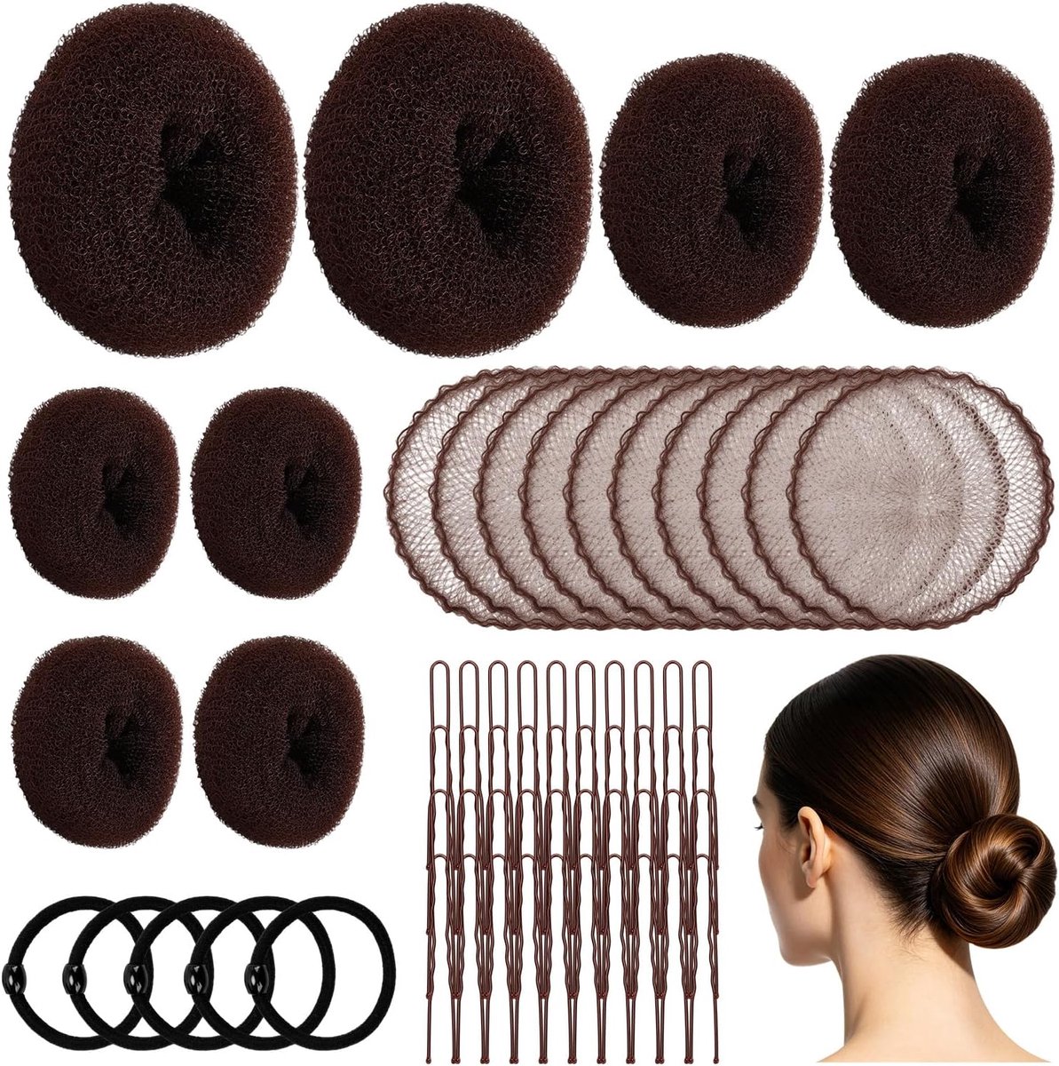 63-delige haarknotenset, haarstukje, knotmakerset met haarnet voor dames, ballet, haarnet