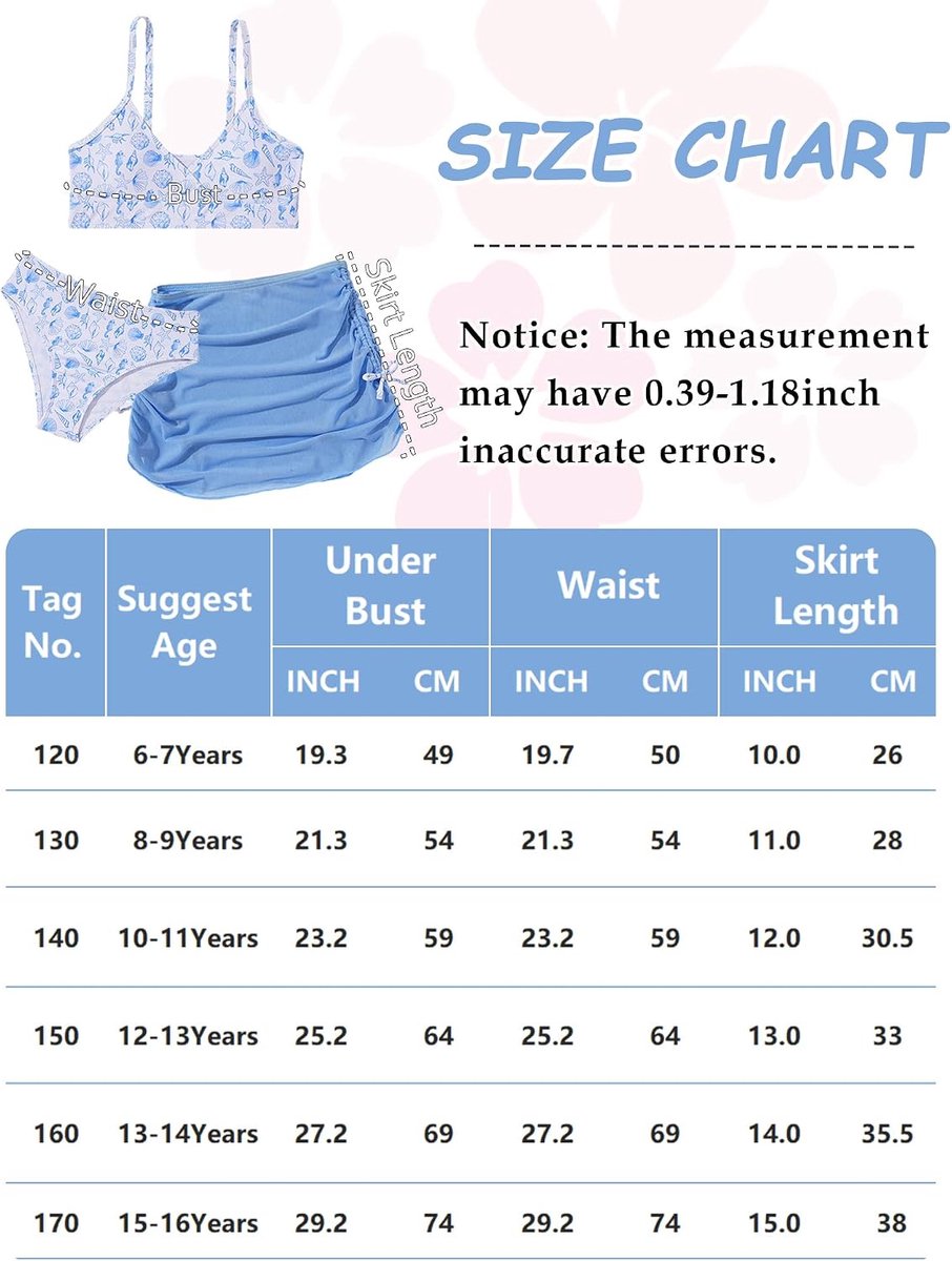 Bikini 3-delig badpak voor meisjes van 8-16 jaar, bikinitop + slipje + zonnerok, zwemset, bedrukt, strand, zwembad