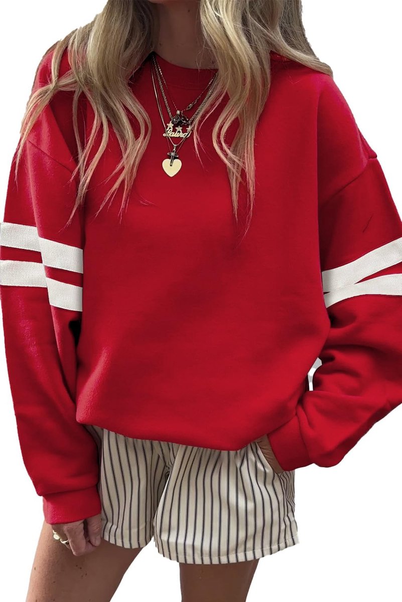 Sweatshirt voor dames, trui met ronde hals, gestreepte mouwen, oversize, Y2K, lange mouwen, sweatshirt