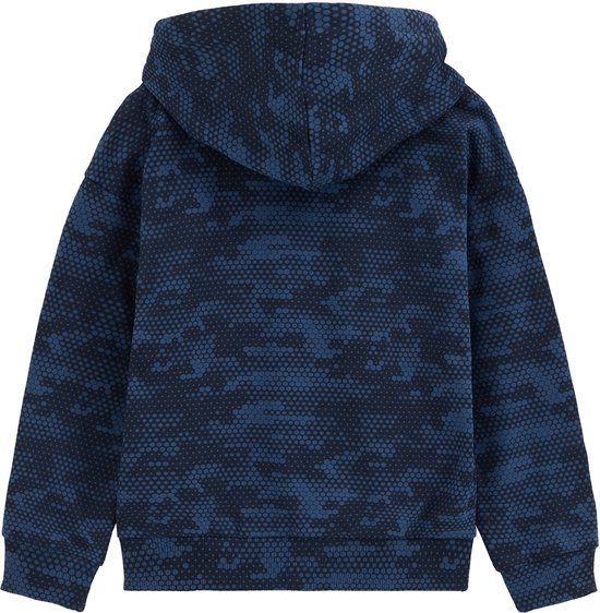 Achterkant van een marineblauwe hoodie met capuchon en een zeshoekig patroon over het hele kledingstuk.