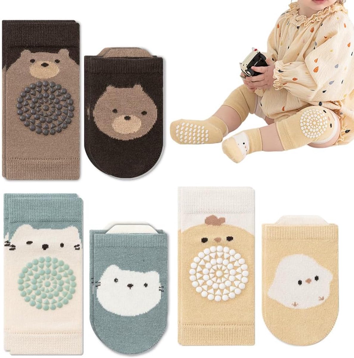 Sokken voor kinderen, antislip, design met schattige dieren (bruine beer, blauwe kat, geel kuiken), ideaal voor kruipbaby's van 0-12 maanden