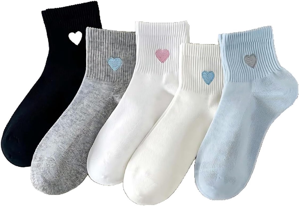 Sokken voor dames, maat 35-38, hartdesign, korte katoenen sokken met pluche zool, meerkleurige ademende sokken voor dagelijks gebruik.