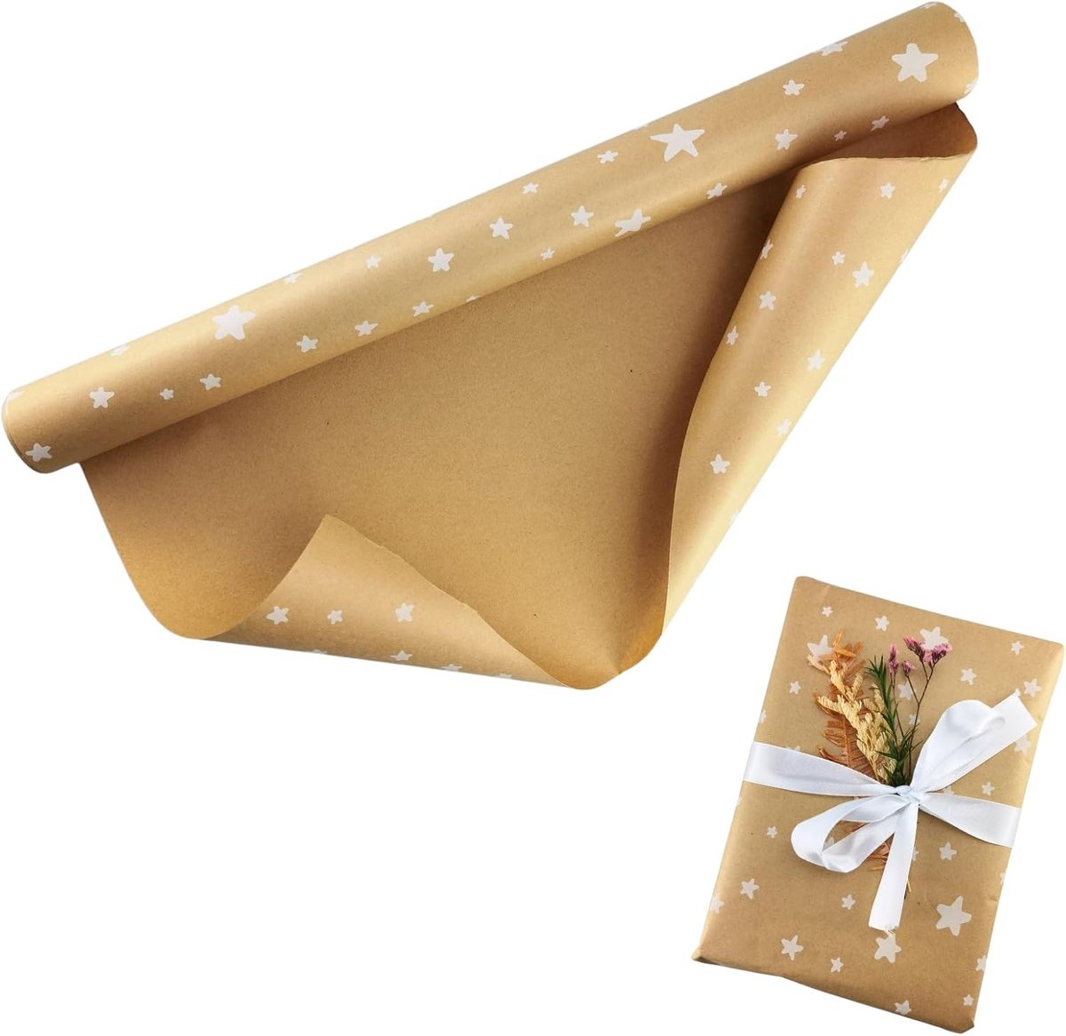 Cadeaupapier, natuurlijk gerecycled papier, cadeauverpakking voor kunsthandwerk, verjaardagen, Kerstmis (bruine sterren, 43 cm x 15 m)