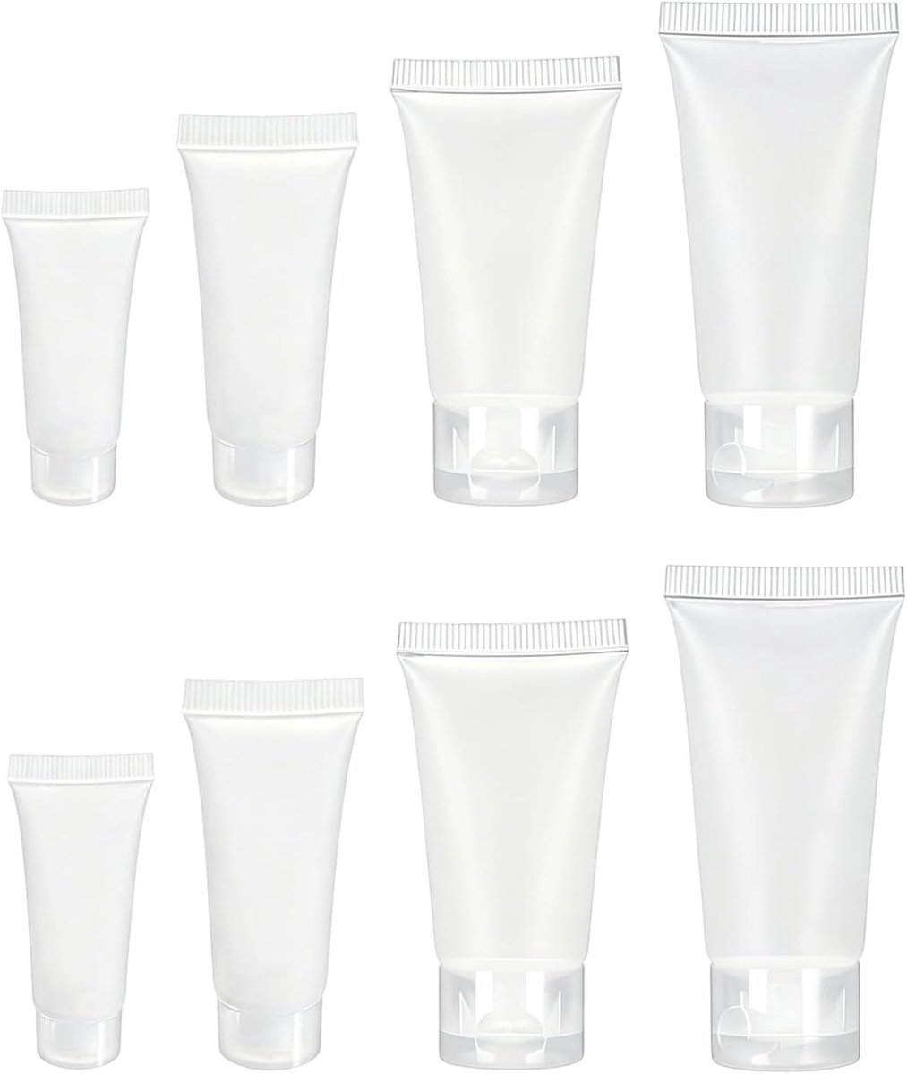 Reisflessen om te vullen, 8-delige set met 5, 10, 15, 20 ml, transparante navulbare tubes voor shampoo, lotion, crème, cosmetica, reismaten, toiletartikelen, lekvrij, flip-cap