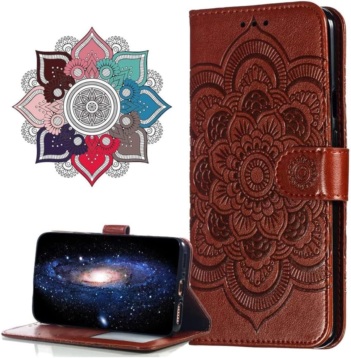 Fliphoesje voor iPhone 15, PU-lederen portemonnee-sluiting, schokbestendig hoesje met reliëf, standaard en kaartsleuven, houder voor Apple iPhone 15. LD Mandala bruin