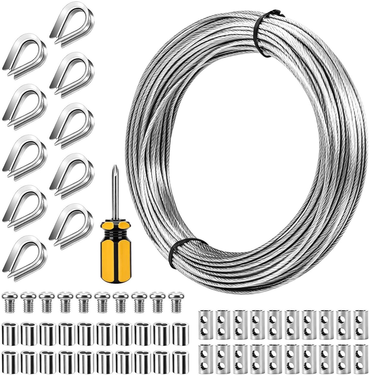 3 mm Draadkabel 30 m met 10 Stalen Oogjes en 20 Crimpkousen voor Tuin en Huis, Ideaal voor Klimhulp, Verlichting en Tuinconstructies