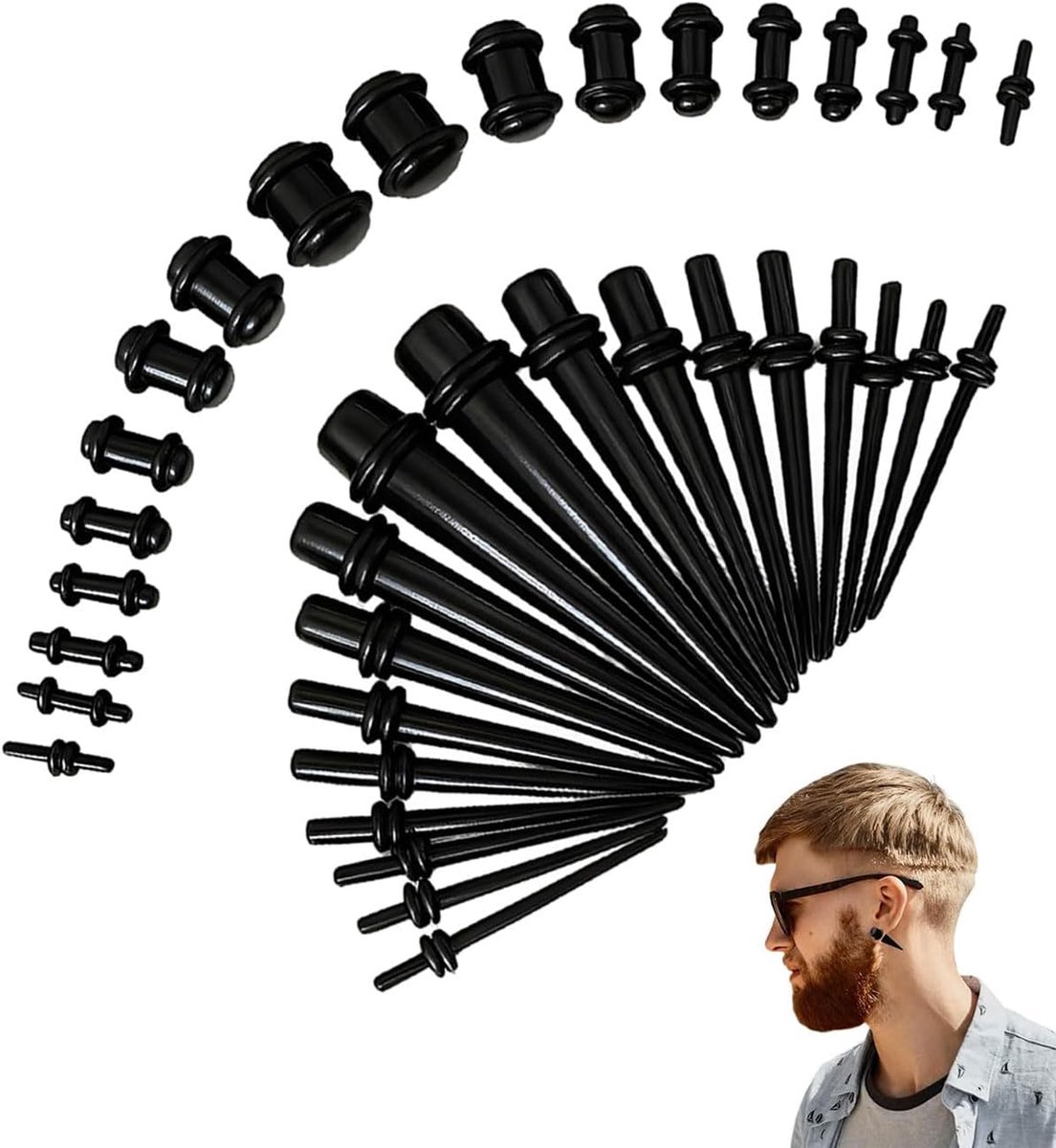 Expander Kit 36 stuks acryl zwart set tapers & plugs met double flared tunnel en O-ring voor stretching lob piercing body jewelry gauges complete uitbreiding