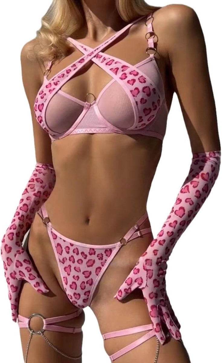 Plus grootteSexy luipaardprint mesh metalen ketting been ring erotische lingerie driepunts vierdelige set