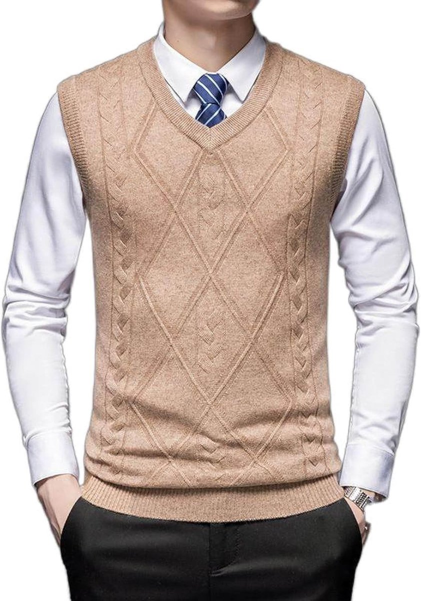 Kasjmier Gemengd Argyle V-Hals Gebreid Vest, Herfst En Winter Klassiek Kleurcontrast Casual All-Match Mouwloos Vest Pullover Herenkleding, Gentleman Knitwear Sweater Tank Tops, Licht C