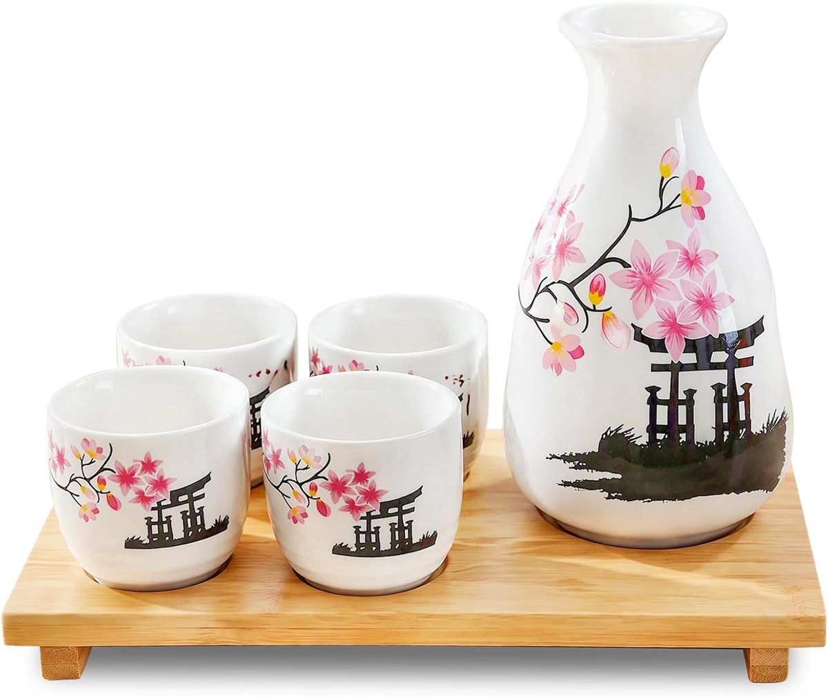 Sake-set van keramiek, traditioneel sake-servies met 4 kommen, karaf en dienblad, Japanse sake-set, keramiek, voor thuis, woonkamer, kantoor