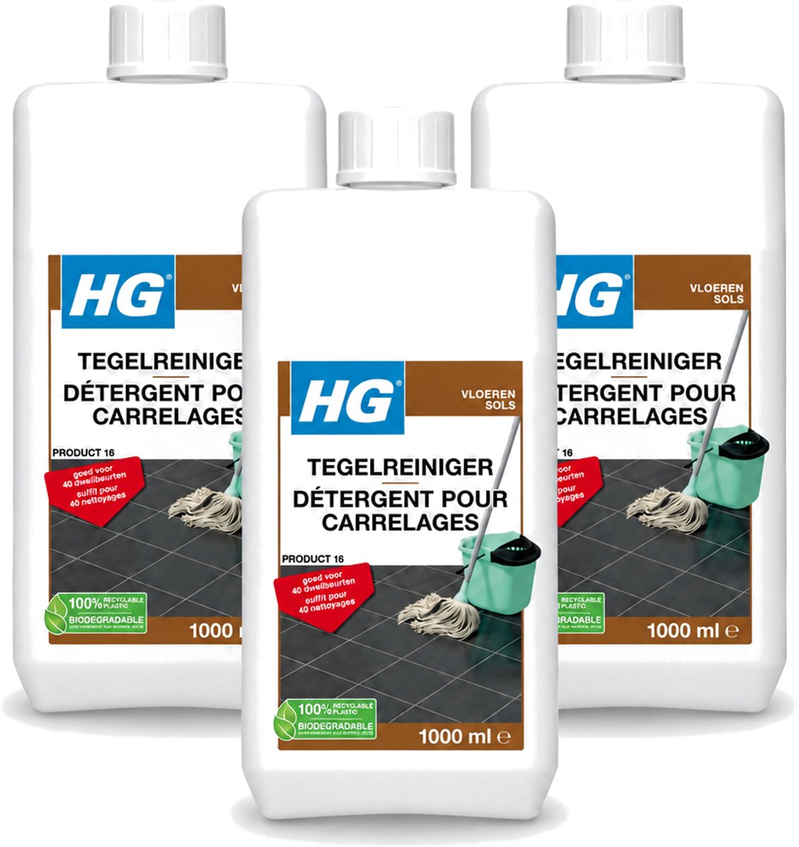 3 x HG - Vloeren - Tegelreiniger - 40 Dweilbeurten - 1L - Voordeelverpakking - 3 stuks
