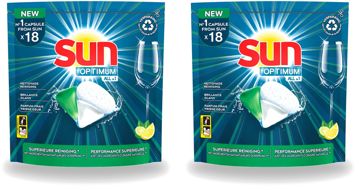 2 x Sun Optimum - All-in-1 - Vaatwasmiddel - Capsules - Citroen - 18 Capsules - Voordeelverpakking - 2 stuks