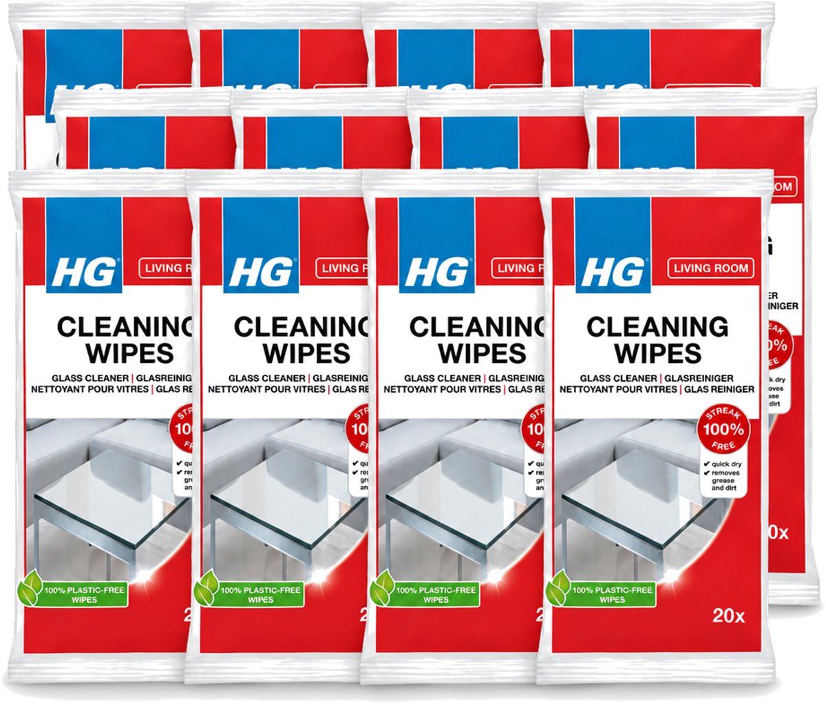 12 x HG - Woonkamer - Glasreinigingsdoekjes - Reinigt Streeploos - 20 Doekjes - Voordeelverpakking - 12 stuks