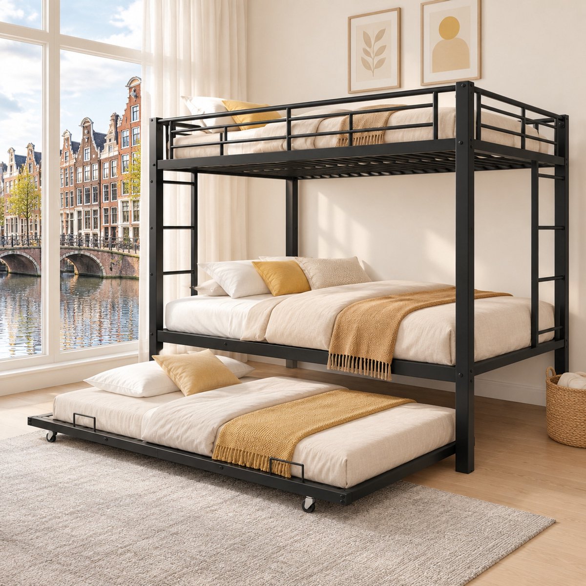 WUVRIE Stapelbed 140x200 cm met uitschuifbaar bed, hoge hekken en ladder, metaal, zwart