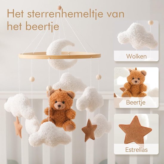 Mobiel voor babybed met bel, witte wolken, maan en bruine beer, hangende decoratie voor babykamer — afbeelding 5