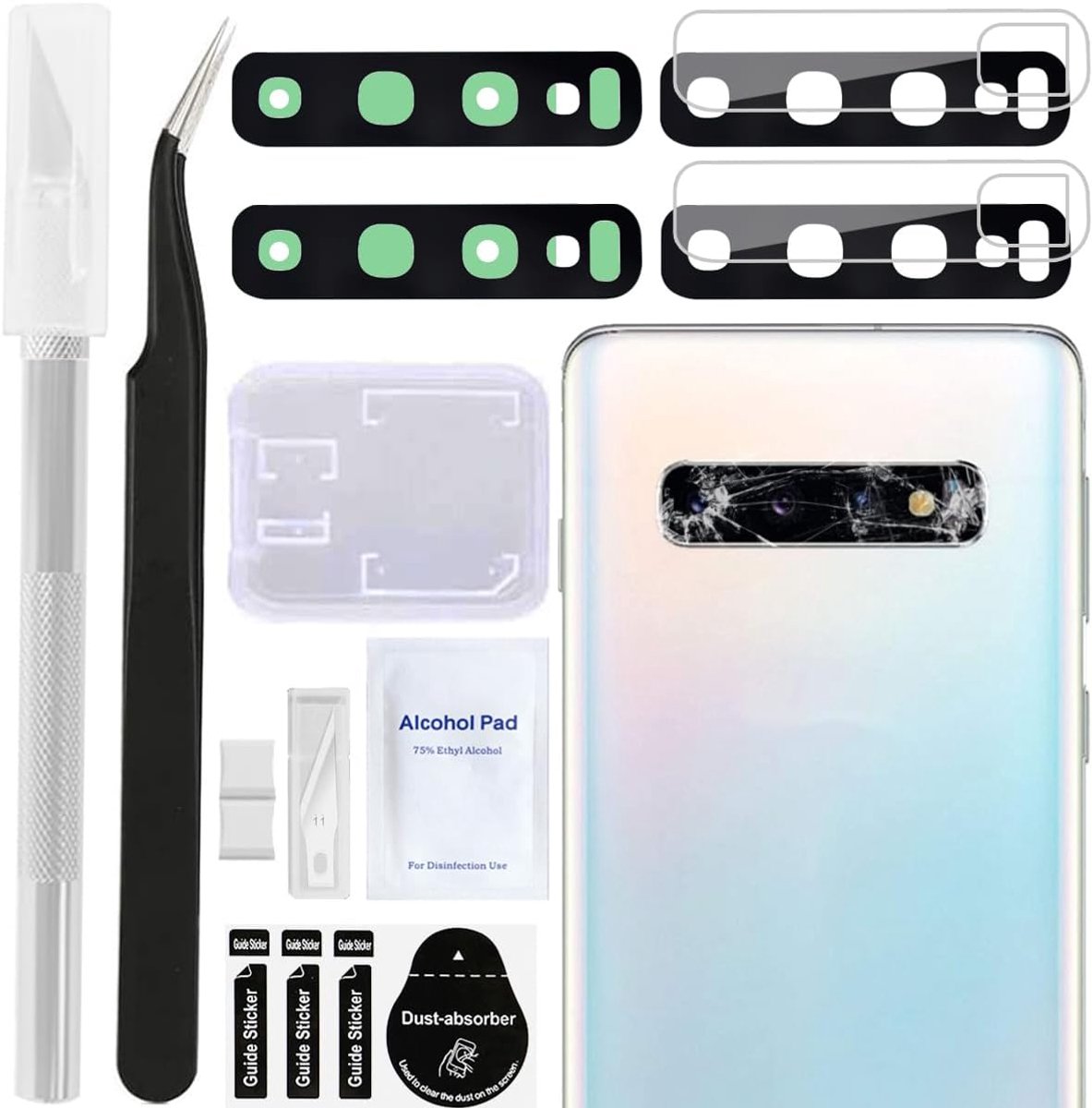 2 Stks voor Galaxy S10/S10+ Lens Cover Achterkant Camera Lens Glas Vervanging Pre-Cut Lijm voor Samsung Galaxy S10/S10+ (Alle Carriers) Lens (alleen Fit S10/S10+) (Zwart), met Reparatie Tools