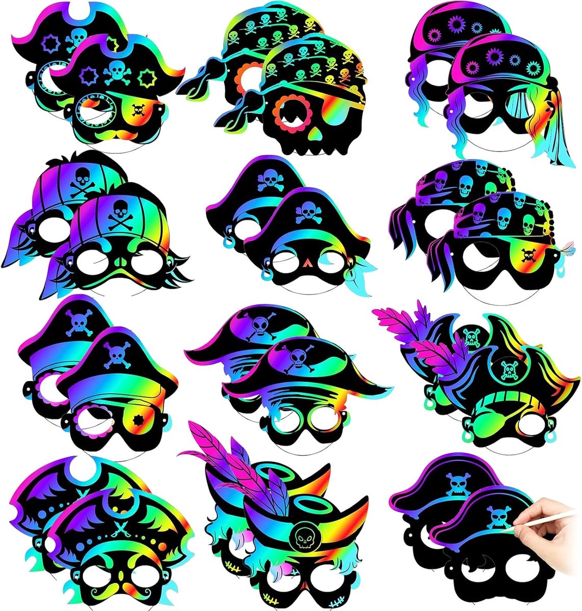 Krasafbeeldingen voor kinderen, 24 stuks doe-het-zelf papieren maskers voor het versieren van kinderen, grappige magie scratch art maskers, knutselkit voor verjaardag, cosplay, themafeest
