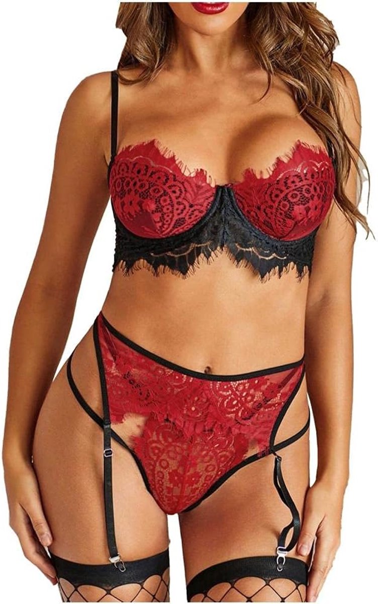 Dames sexy lingerie g-string pyjama kousenband uitgehold pyjama kanten lingerie set