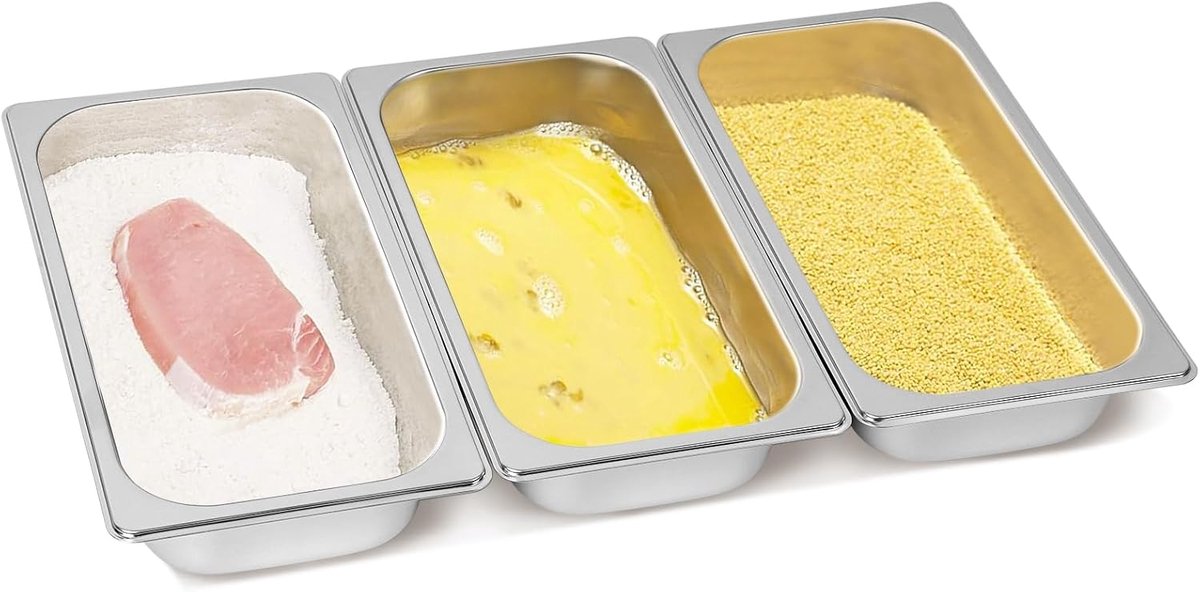 3-delige paneerschalenset, GN 1/3 container van roestvrij staal, rechthoekig, metalen panierstrasse, 32,5 x 17,5 x 6,5 cm, ideaal voor schnitzels, vlees, vis