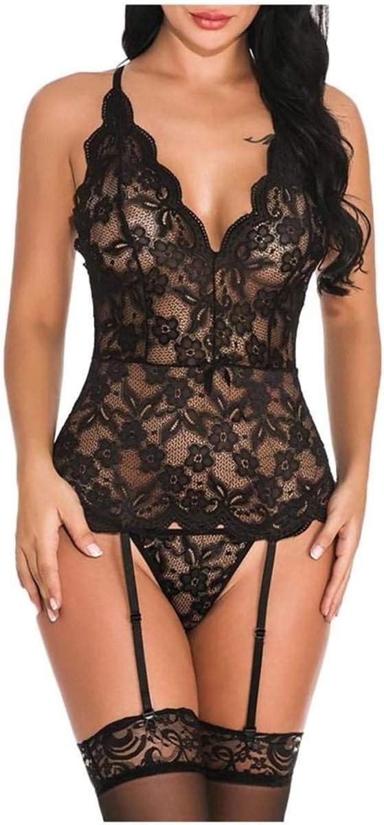 Sets met nachtmode & ochtendjas Vrouwen Sexy V-hals Backless Ondergoed Erotische Lingerie See Through Hollow Out Lace Nachtkleding Porno Kostuum Lenceria Mujer Babydoll-Black_S