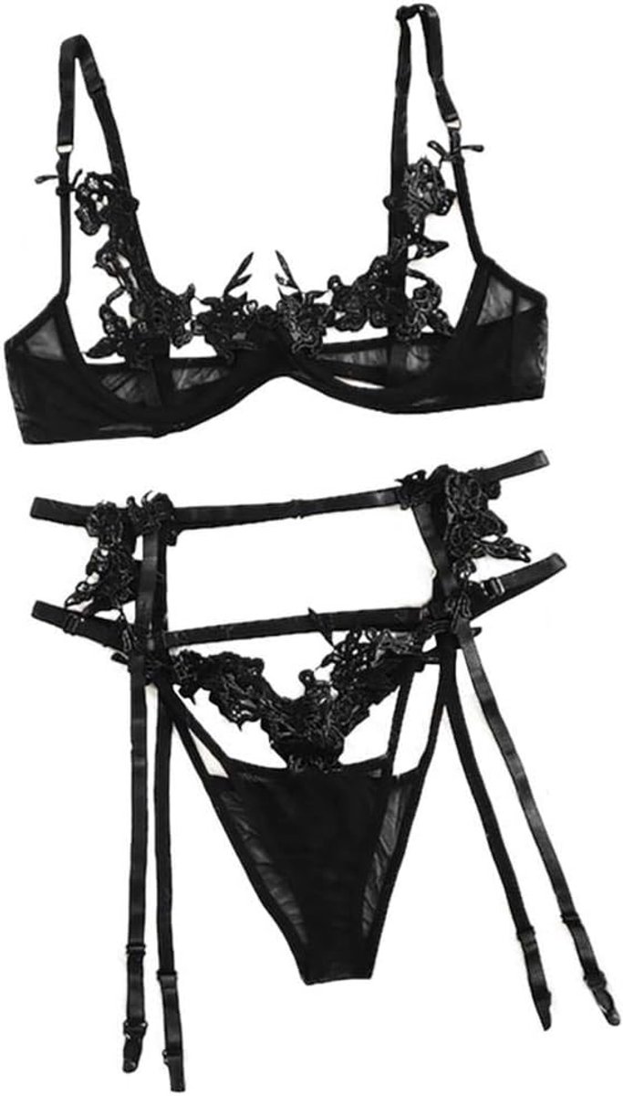 Lingeriesets dames Vrouwen Erotische Lingerie Transparant Hol Kant Open Bh G-String Kousenband Nachtkleding Sexy Ondergoed Porno Kostuum-Black_S