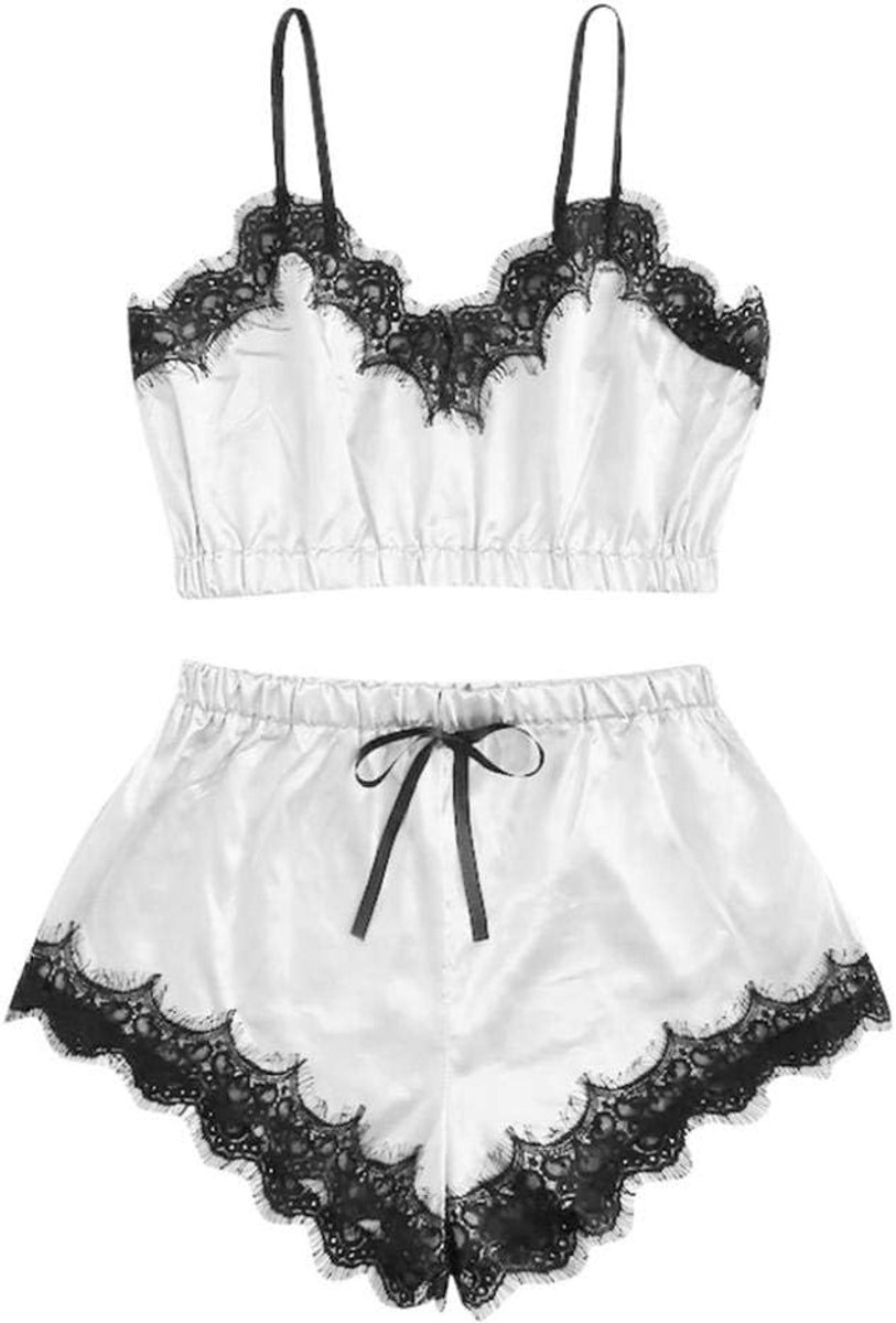 Dameskleding Vrouwen Erotische Nachtkleding Sexy Lingerie Bh Slips Ondergoed Verleiding Kant Satijn Kostuum S-2XL-White_S
