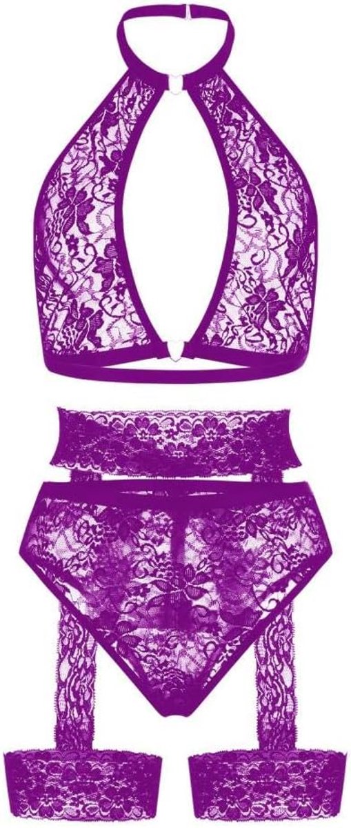 Dameskleding Kant Sexy Lingerie Vrouwen Ondergoed Porno Beha Slips Kousenband Halter Nachtkleding Erotische Kostuum Temptation-purple_L
