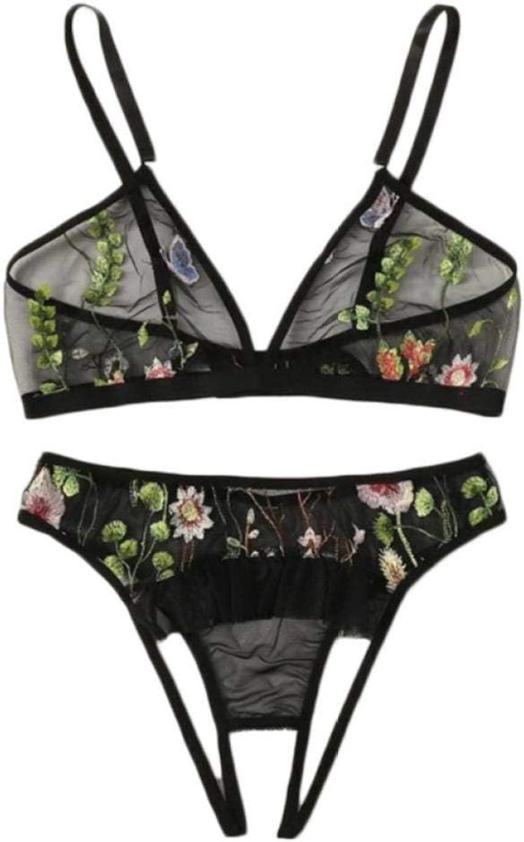 Dameskleding 2 ST Sexy Vrouwen Kostuums Borduren Kanten Beha String Verleiding Lingerie Dames Erotisch Ondergoed Set-Black_S