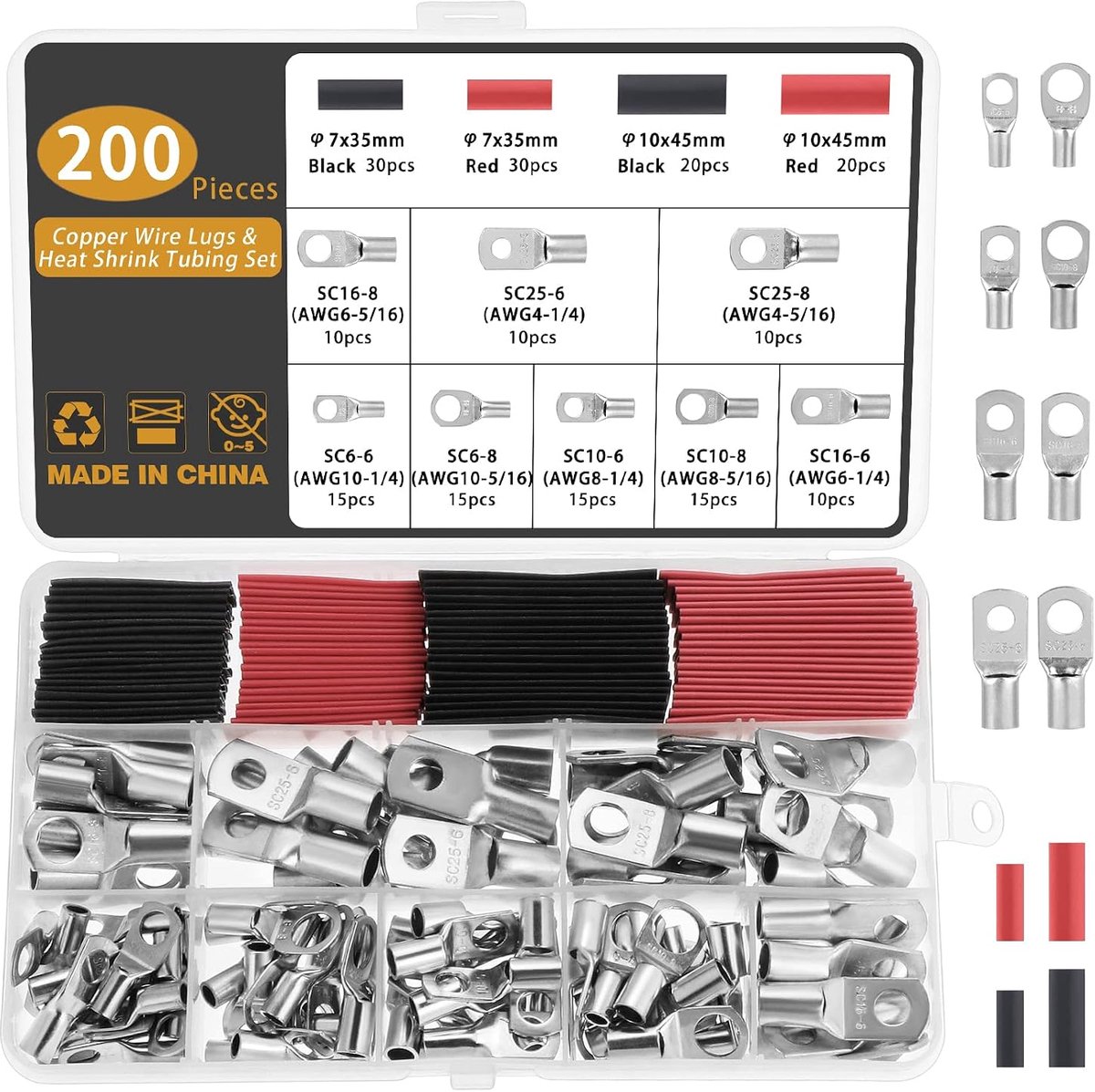 Buiskabelschoen, 200 stuks, 6/10/16/25 mm², 8 maten M6 M8, koperen kabelschoenen, ringkabelschoenen, boutengat, terminalset, buiskabelschoenen, kabelschoenen, batterij, SC-klemmen, met