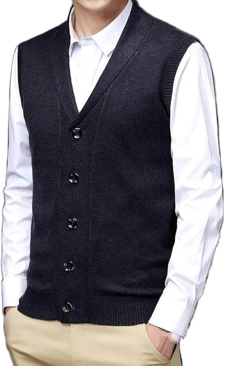 Effen Kleur Gebreid Vest Bovenkleding, Jeugdmode Heren Kasjmier Gemengd V-Hals Vest Vest Casual Trendy Trui, Klassiek Zakelijk Heren Breiwerk Vest Trui Vest Tanktops,Donkergrijs,S