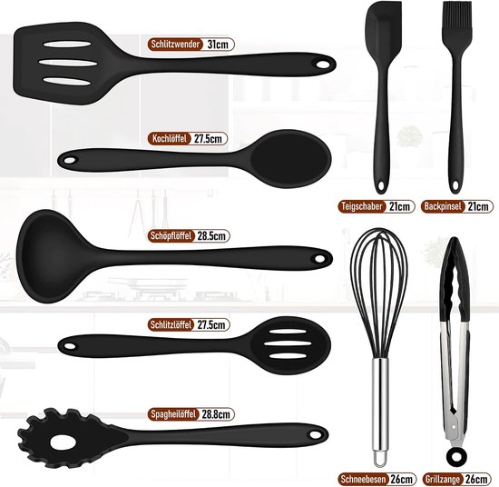 Keukenhulpset, 9 stuks, zwart, siliconen keukengerei, hittebestendig kookgerei, kookgerei set met spatel, garde, grilltang, anti-aanbak, kookbestek voor koken en bakken — afbeelding 2